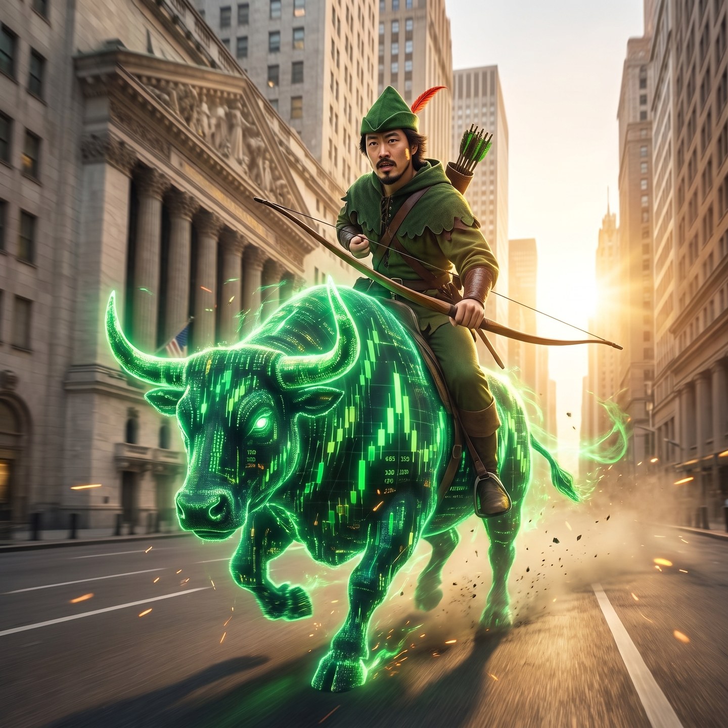 Luóbīnhood riding a green bull down Wall Street