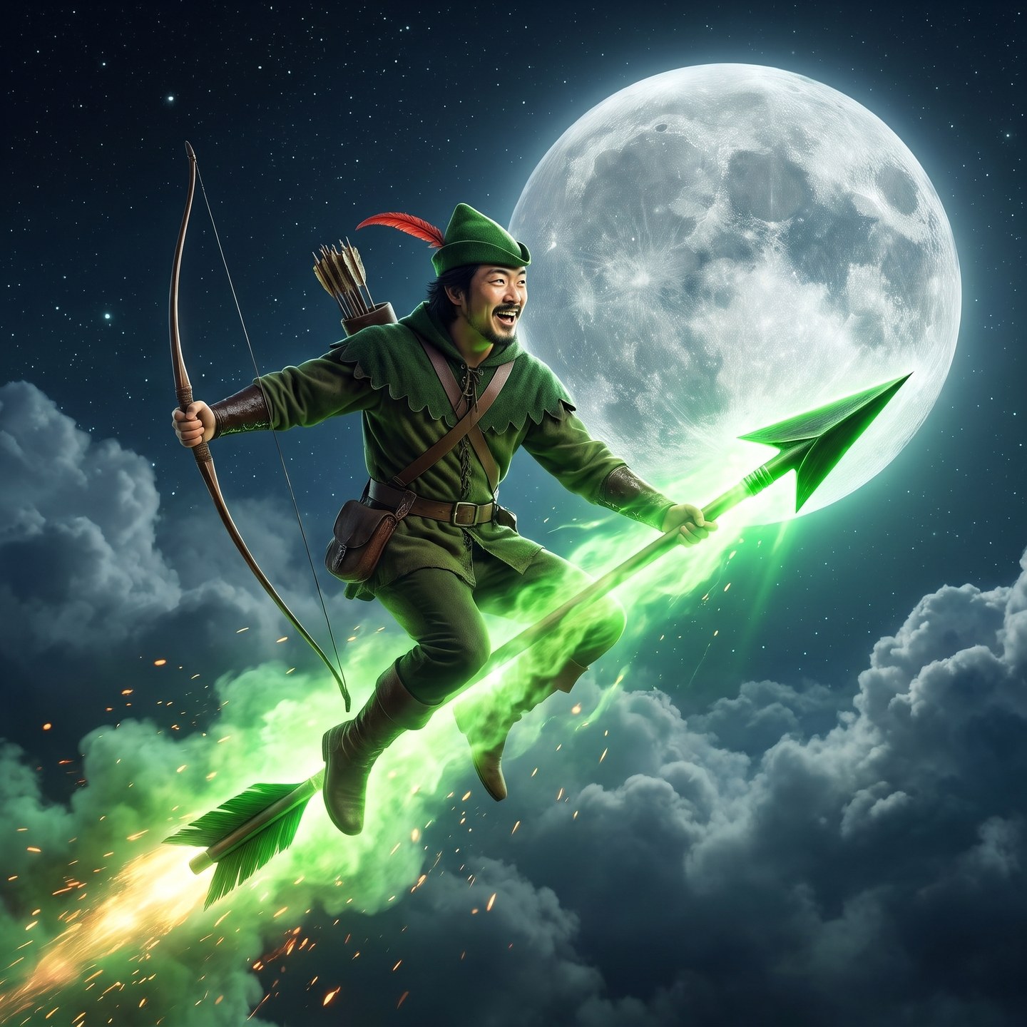 Luóbīnhood riding a green arrow to the moon
