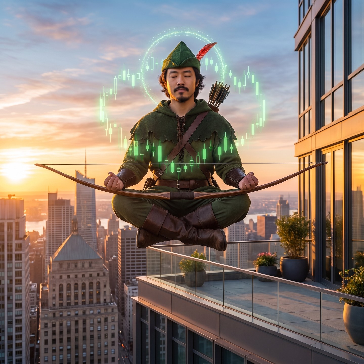Luóbīnhood levitating in meditation with a green candlestick halo
